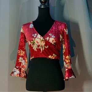 Forever 21 Velvet Floral Crop Top Surplice Deep Vneck Ballet Wrap Tie Waist